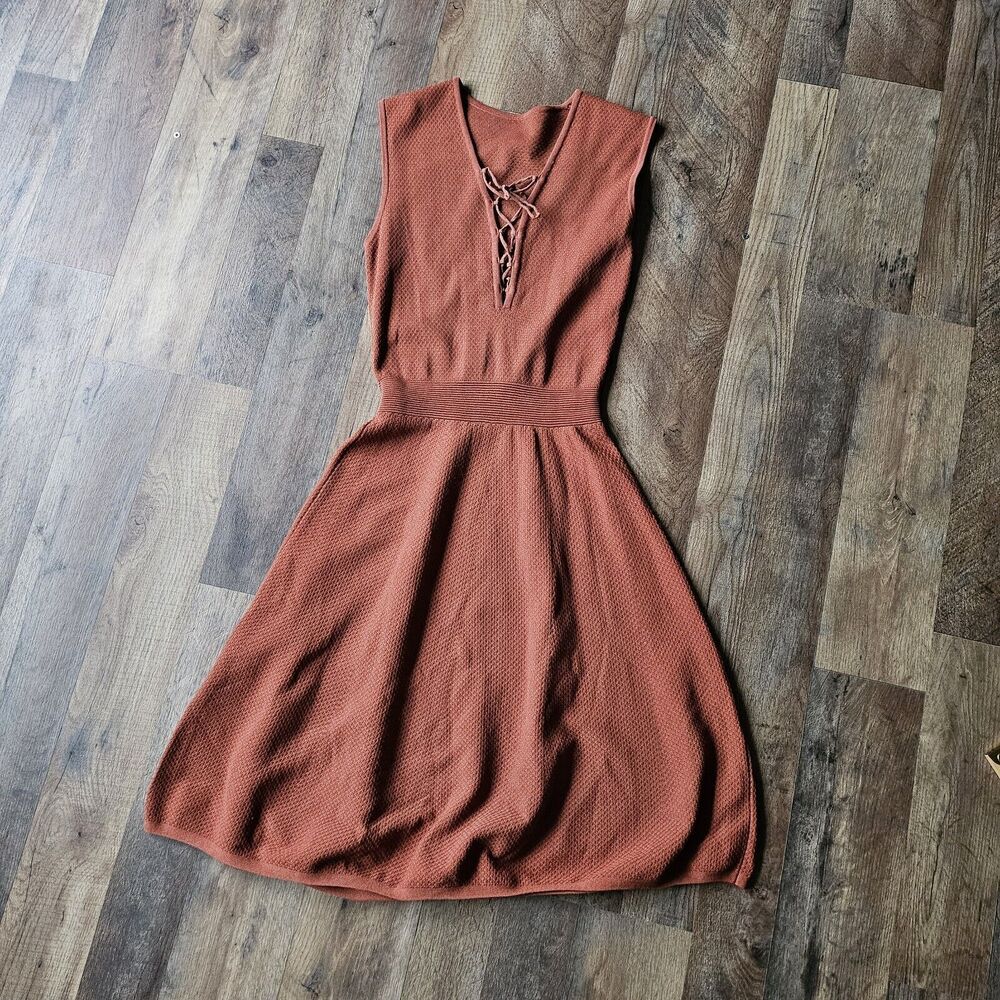 Sandro Paris Sleeveless Midi Viscose Flare Cocktail Dress Size M Rust Orange
